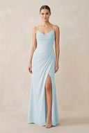Sky Blue Ruched Sheath Spaghetti Strap Chiffon Bridesmaid Dress | KISSBRIDAL