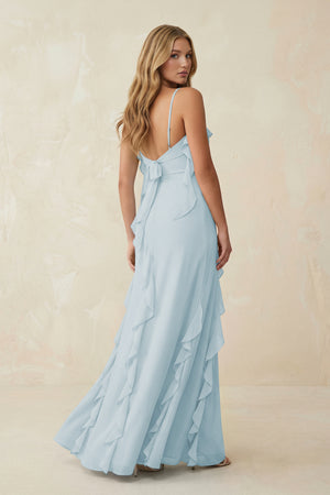 Sky Blue Ruffled Cami Strap Chiffon Sheath Bridesmaid Dress (2) | KISSBRIDAL