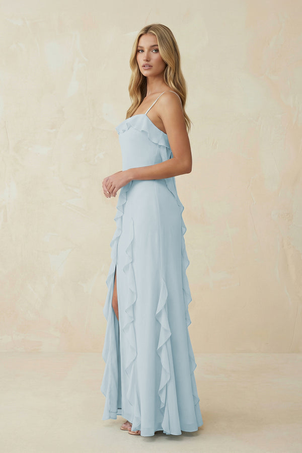 Sky Blue Ruffled Cami Strap Chiffon Sheath Bridesmaid Dress (3) | KISSBRIDAL