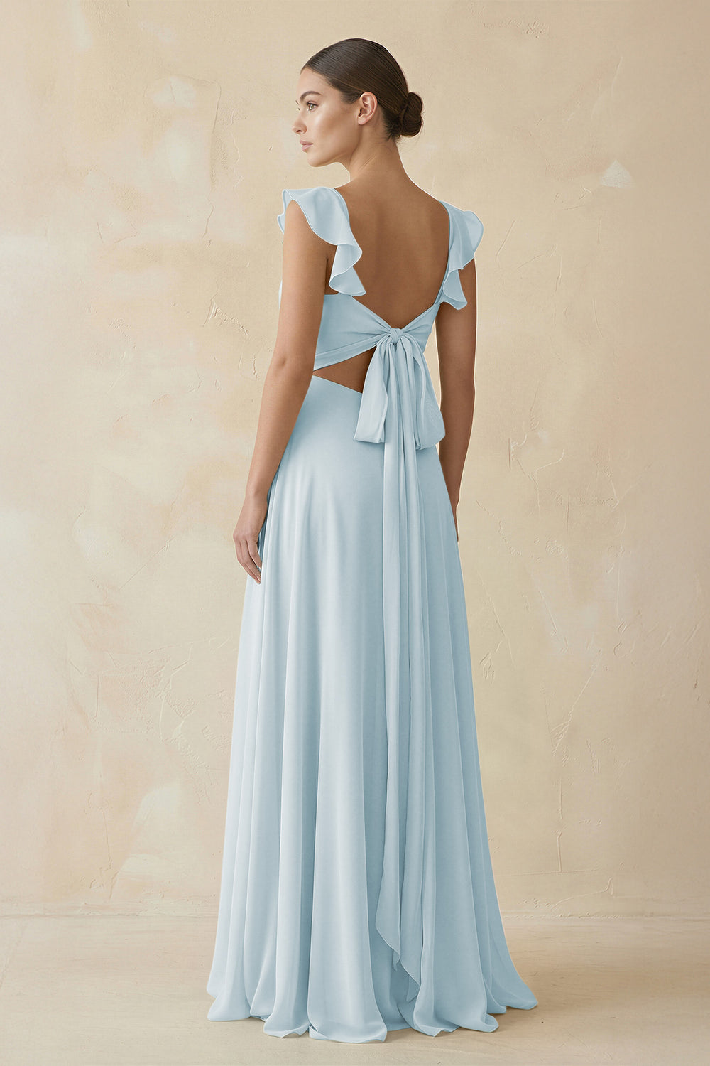 Ruffled Chiffon A-Line Long Bridesmaid Dress in Sky Blue