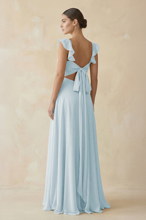 Sky Blue Ruffled Chiffon A-Line Long Bridesmaid Dress (2) | KISSBRIDAL