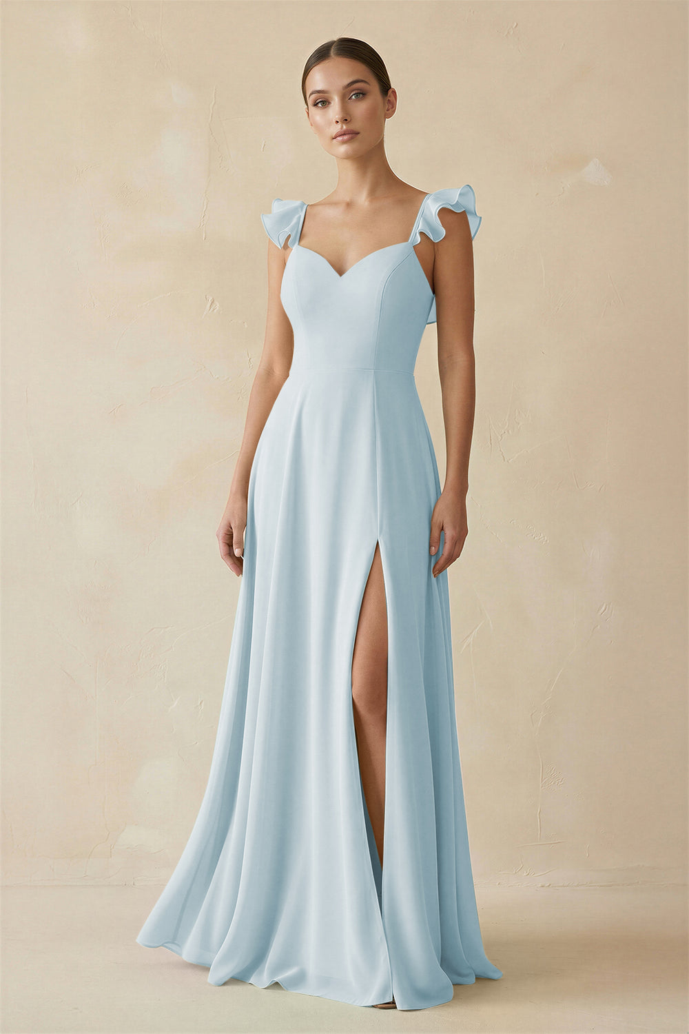 Ruffled Chiffon A-Line Long Bridesmaid Dress in Sky Blue