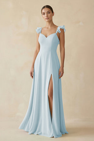 Sky Blue Ruffled Chiffon A-Line Long Bridesmaid Dress | KISSBRIDAL