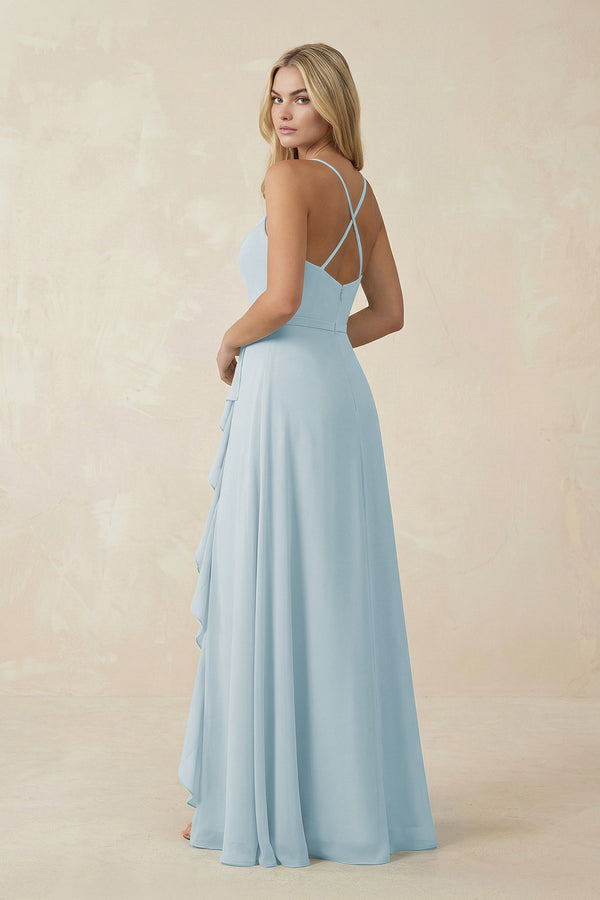 Sky Blue Ruffled Hem A-Line Chiffon Bridesmaid Dress (2) | KISSBRIDAL