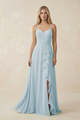Sky Blue Ruffled Hem A-Line Chiffon Bridesmaid Dress | KISSBRIDAL