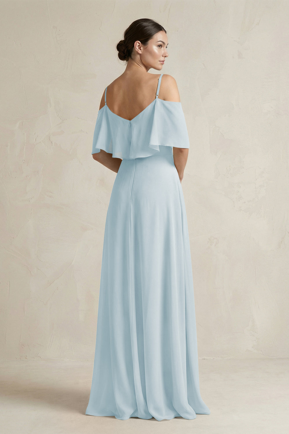 Ruffled Off-the-Shoulder A-Line Chiffon Bridesmaid Gown in Sky Blue