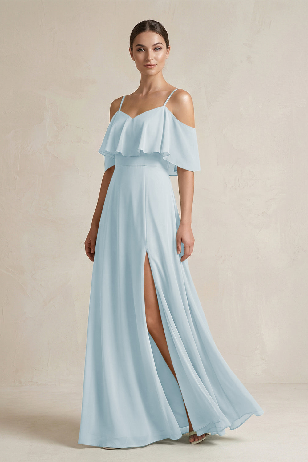 Ruffled Off-the-Shoulder A-Line Chiffon Bridesmaid Gown in Sky Blue