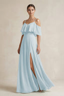 Sky Blue Ruffled Off-the-Shoulder A-Line Chiffon Bridesmaid Gown | KISSBRIDAL