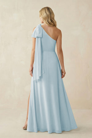 Sky Blue Ruffled One Shoulder Chiffon Bridesmaid Dress With Slit in Sky Blue (2) | KISSBRIDAL