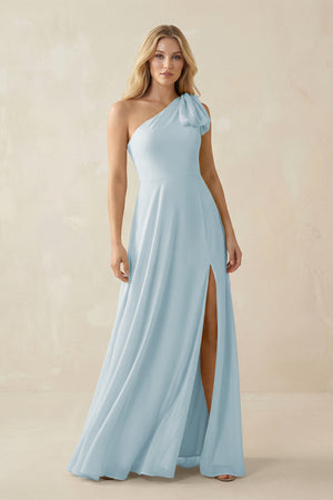 Sky Blue Ruffled One Shoulder Chiffon Bridesmaid Dress With Slit in Sky Blue | KISSBRIDAL