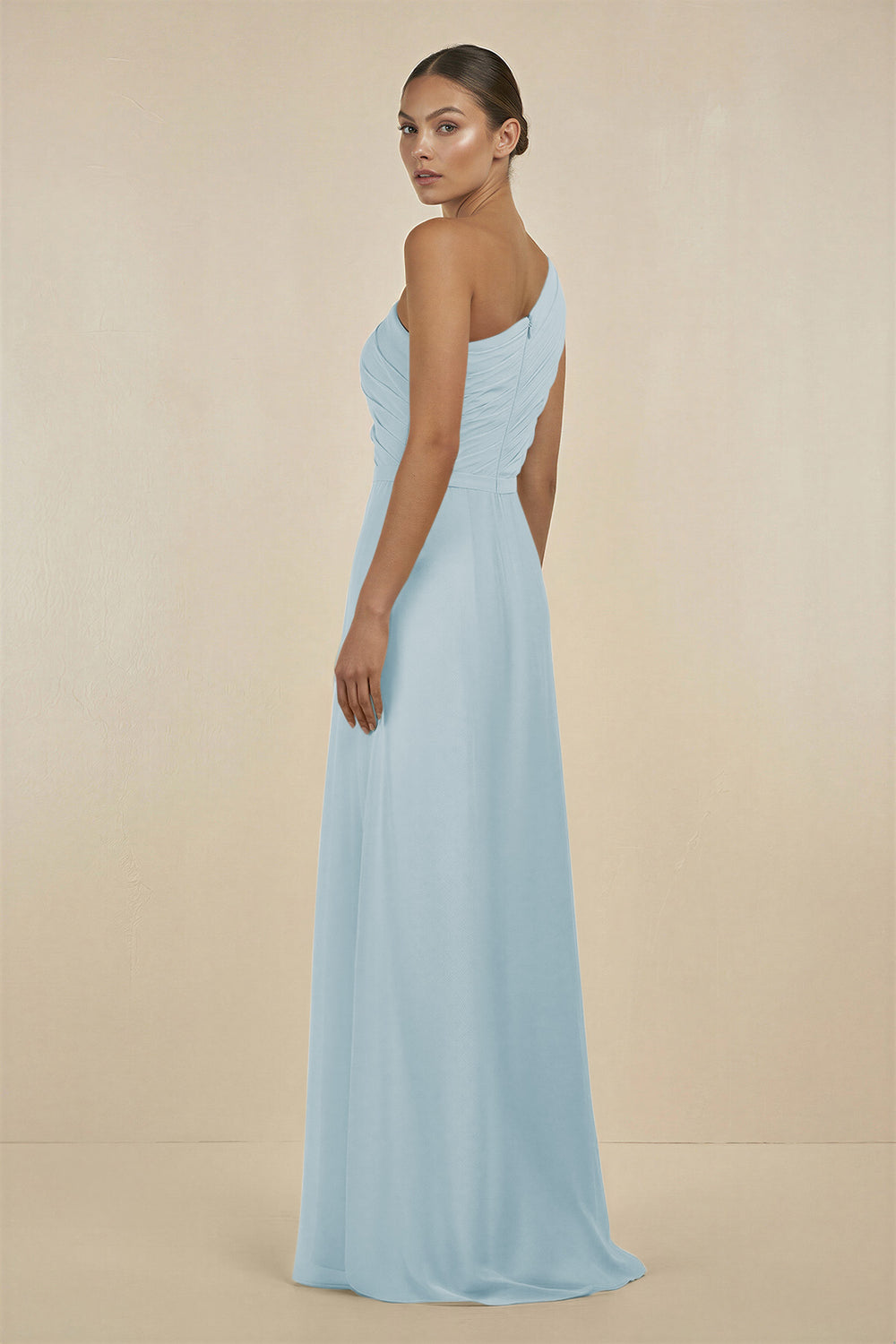 Ruffled One-Shoulder Pleated Sheath Bridesmaid Dress in Sky Blue
