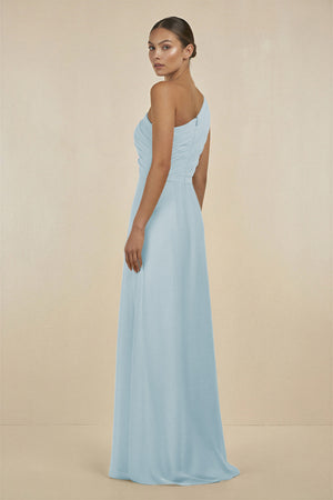 Sky Blue Ruffled One-Shoulder Pleated Sheath Bridesmaid Dress (2) | KISSBRIDAL