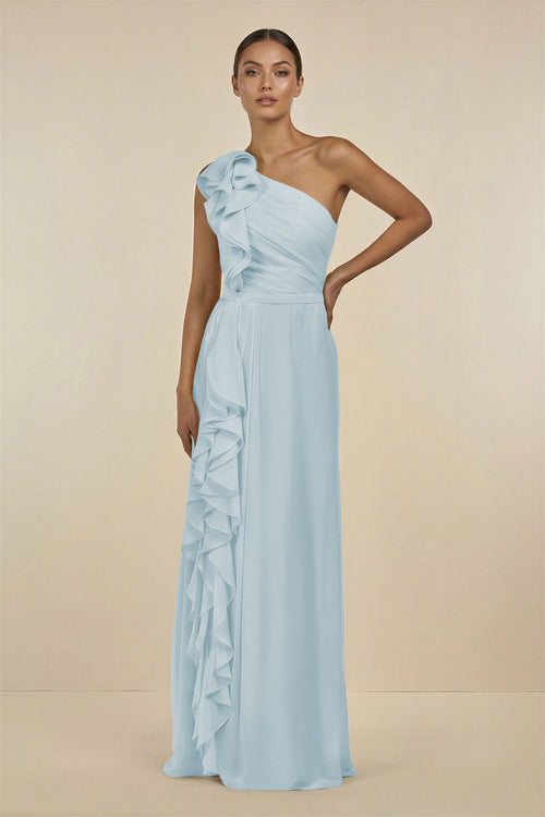 Sky Blue Ruffled One-Shoulder Pleated Sheath Bridesmaid Dress | KISSBRIDAL