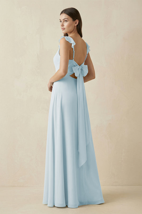 Sky Blue Ruffled Sleeve A-Line Chiffon Bridesmaid Dress (2) | KISSBRIDAL