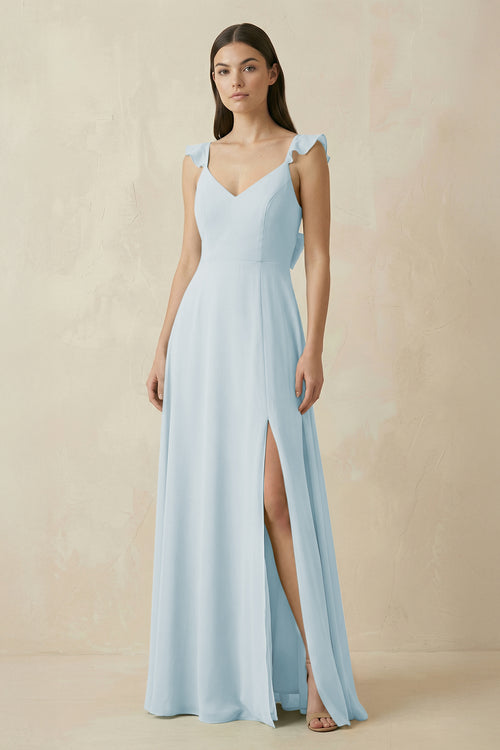 Sky Blue Ruffled Sleeve A-Line Chiffon Bridesmaid Dress | KISSBRIDAL