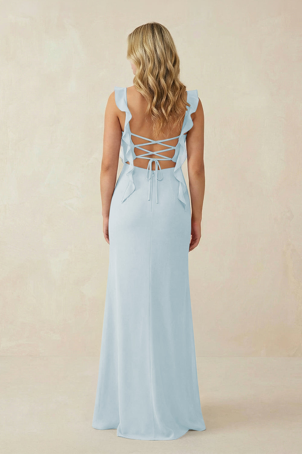 Ruffled Sleeve Ruched Sheath Chiffon Bridesmaid Dress in Sky Blue