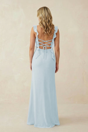 Sky Blue Ruffled Sleeve Ruched Sheath Chiffon Bridesmaid Dress (2) | KISSBRIDAL