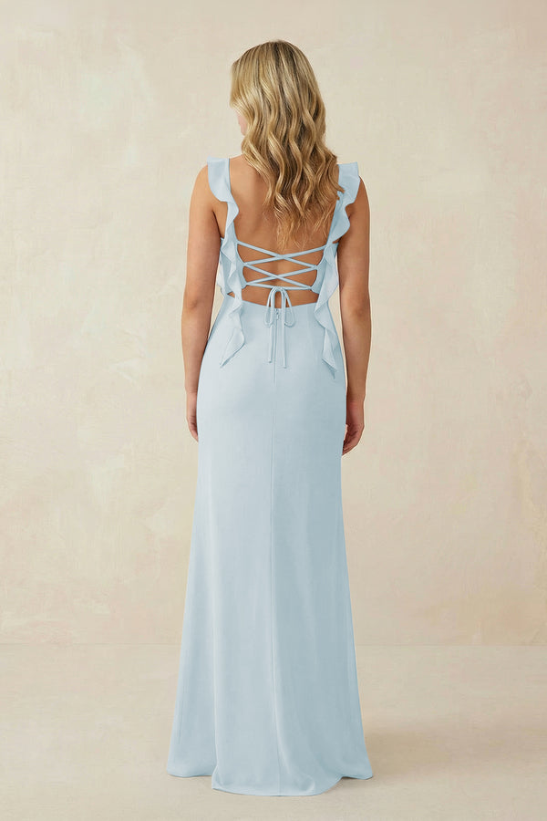 Sky Blue Ruffled Sleeve Ruched Sheath Chiffon Bridesmaid Dress (2) | KISSBRIDAL