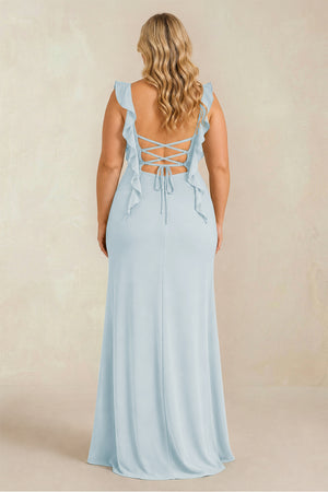Sky Blue Ruffled Sleeve Ruched Sheath Chiffon Bridesmaid Dress (2) [sizeplus] | KISSBRIDAL