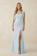 Sky Blue Ruffled Sleeve Ruched Sheath Chiffon Bridesmaid Dress | KISSBRIDAL