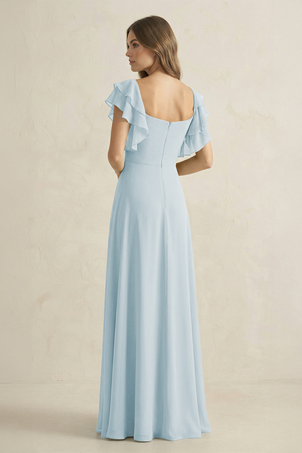 Ruffled Sleeves A-Line Chiffon Bridesmaid Dress in Sky Blue