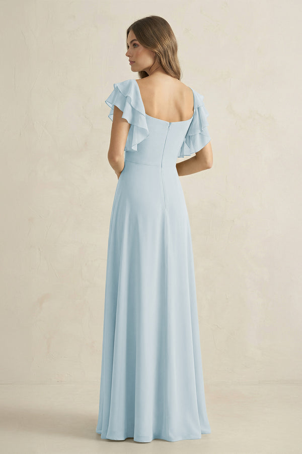 Sky Blue Ruffled Sleeves A-Line Chiffon Bridesmaid Dress (2) | KISSBRIDAL
