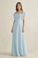Sky Blue Ruffled Sleeves A-Line Chiffon Bridesmaid Dress | KISSBRIDAL