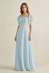 Sky Blue Ruffled Sleeves A-Line Chiffon Bridesmaid Dress | KISSBRIDAL