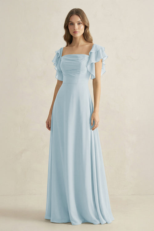 Sky Blue Ruffled Sleeves A-Line Chiffon Bridesmaid Dress | KISSBRIDAL