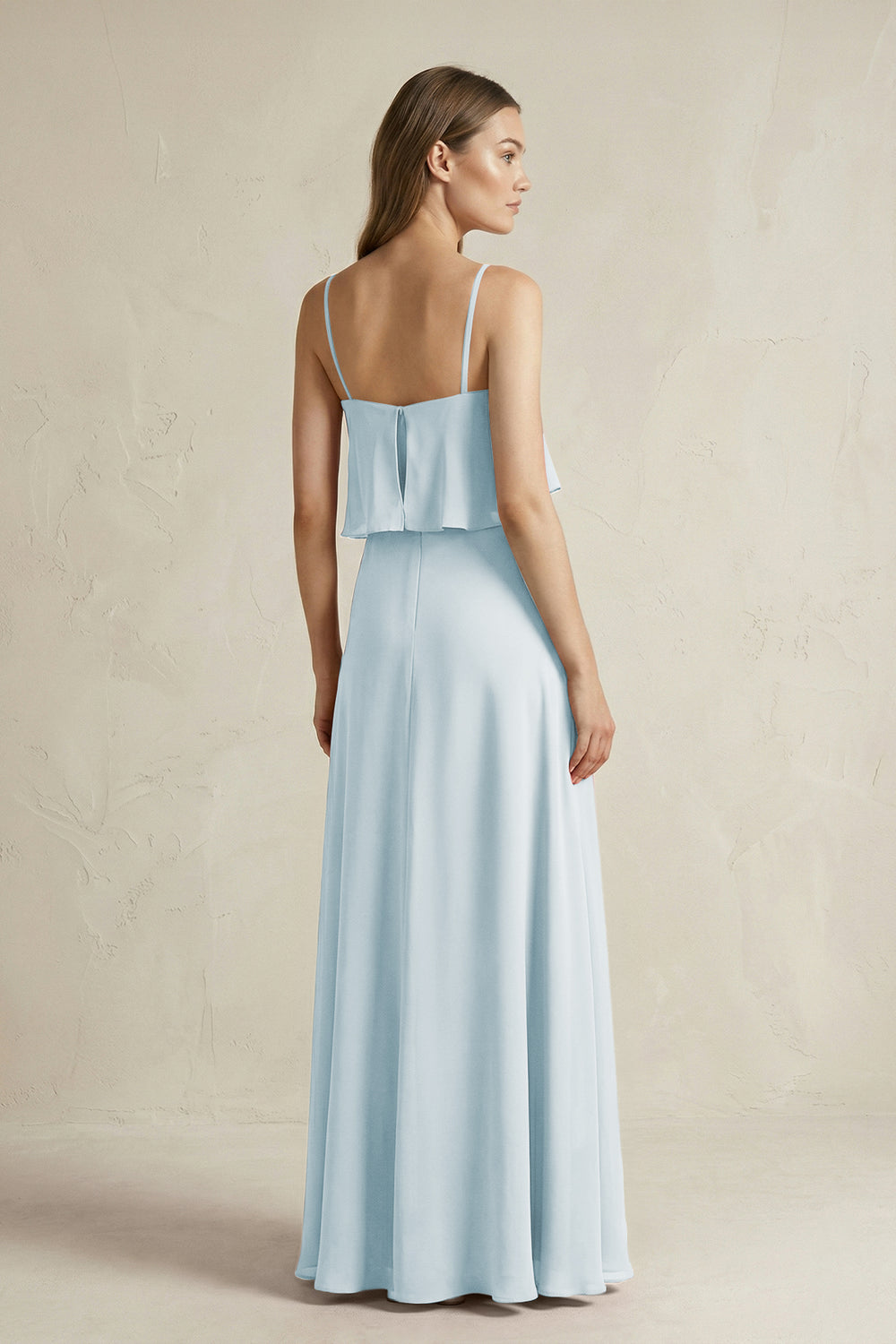 Ruffled Spaghetti Strap A-Line Chiffon Bridesmaid Dress in Sky Blue