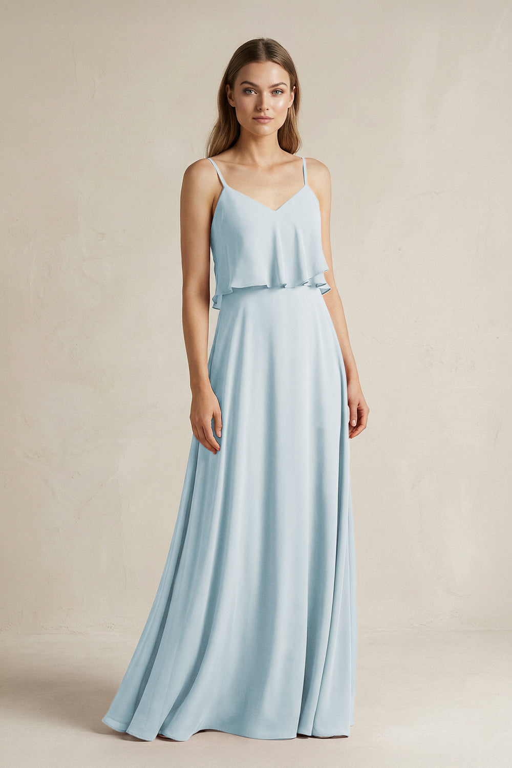 Ruffled Spaghetti Strap A-Line Chiffon Bridesmaid Dress in Sky Blue
