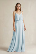 Sky Blue Ruffled Spaghetti Strap A-Line Chiffon Bridesmaid Dress in Sky Blue | KISSBRIDAL
