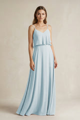 Sky Blue Ruffled Spaghetti Strap A-Line Chiffon Bridesmaid Dress in Sky Blue | KISSBRIDAL