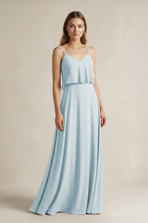 Sky Blue Ruffled Spaghetti Strap A-Line Chiffon Bridesmaid Dress in Sky Blue | KISSBRIDAL