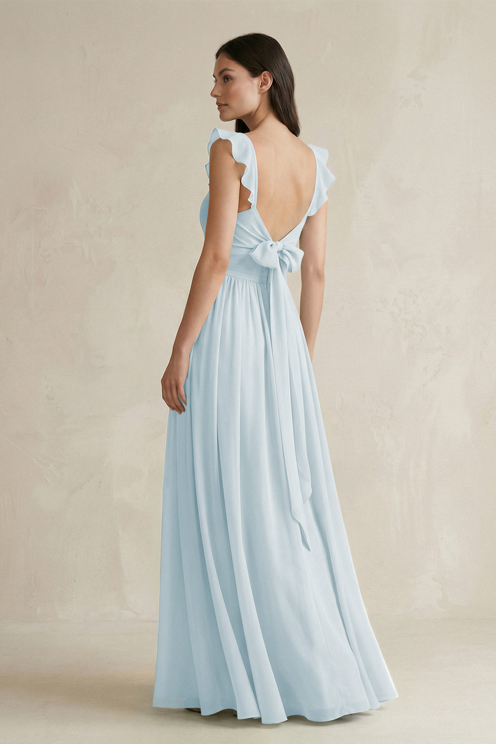 Ruffled Spaghetti Strap Chiffon A-Line Bridesmaid Dress in Sky Blue