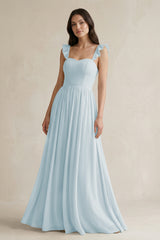 Sky Blue Ruffled Spaghetti Strap Chiffon A-Line Bridesmaid Dress | KISSBRIDAL