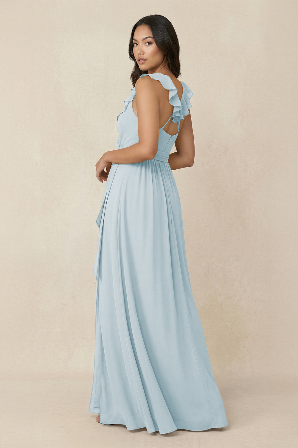 Ruffled V-Neck A-Line Chiffon Bridesmaid Dress in Sky Blue