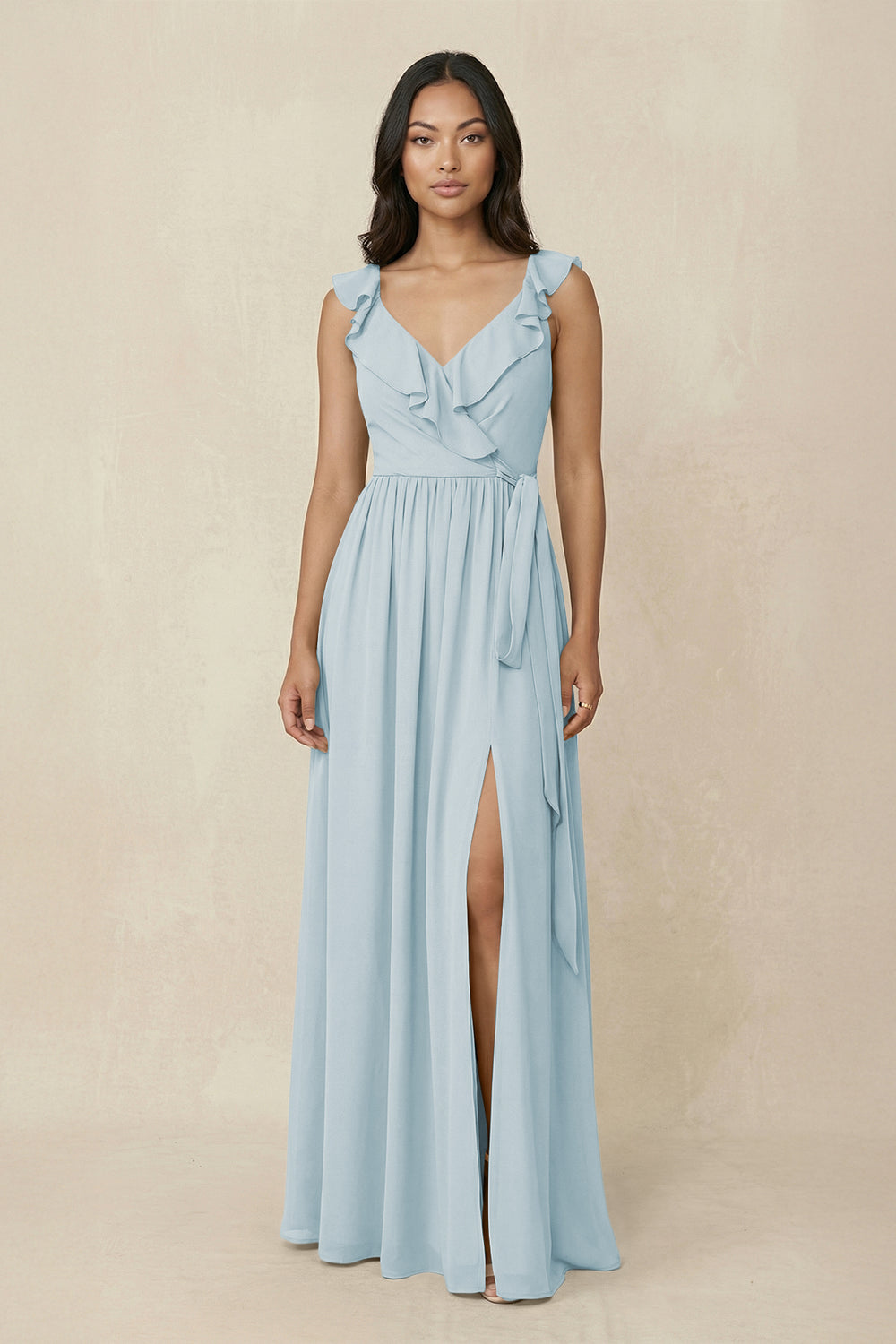 Ruffled V-Neck A-Line Chiffon Bridesmaid Dress in Sky Blue