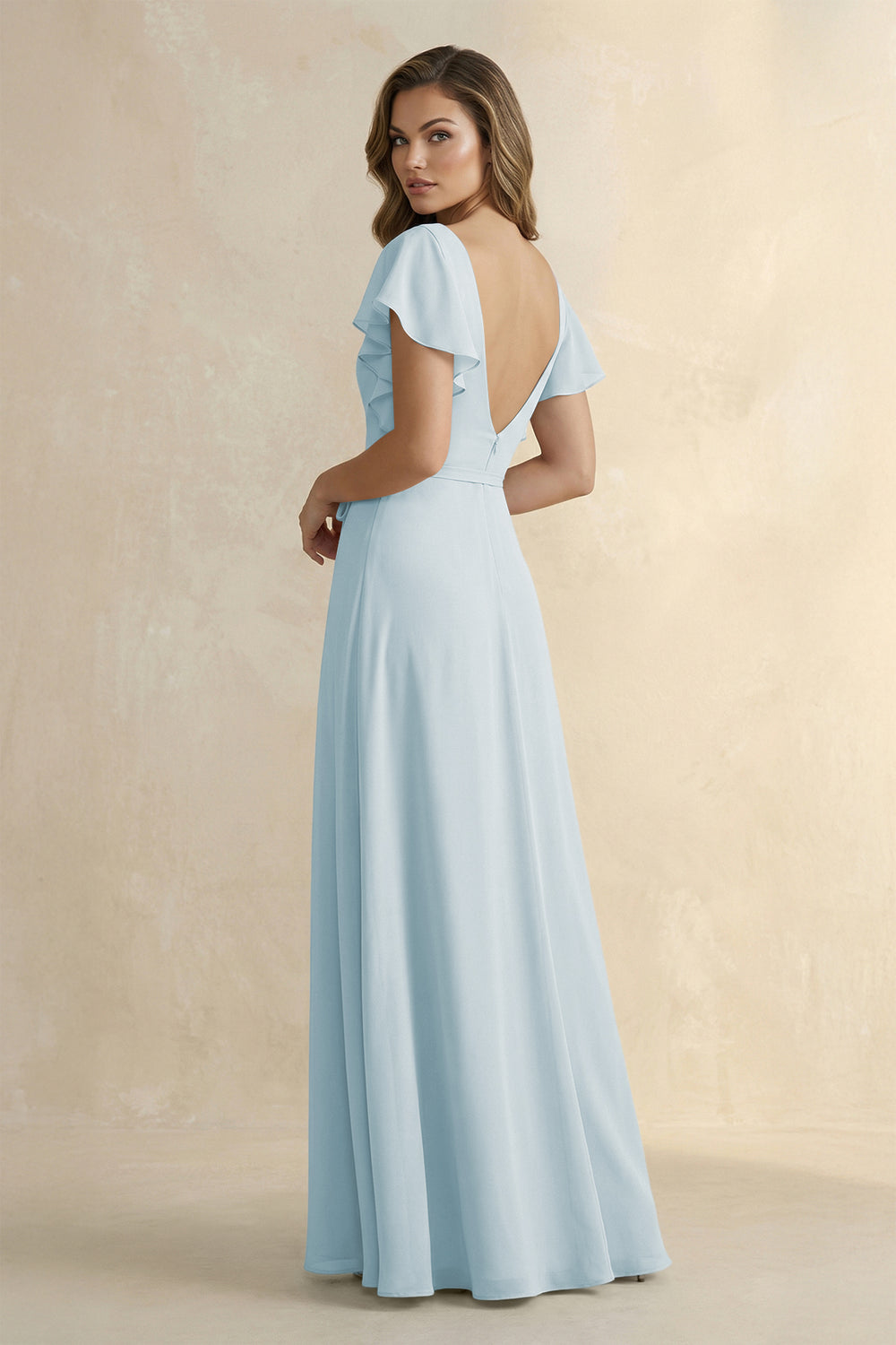 Ruffled V-Neck Chiffon A-Line Bridesmaid Dress in Sky Blue