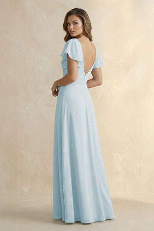 Sky Blue Ruffled V-Neck Chiffon A-Line Bridesmaid Dress (2) | KISSBRIDAL