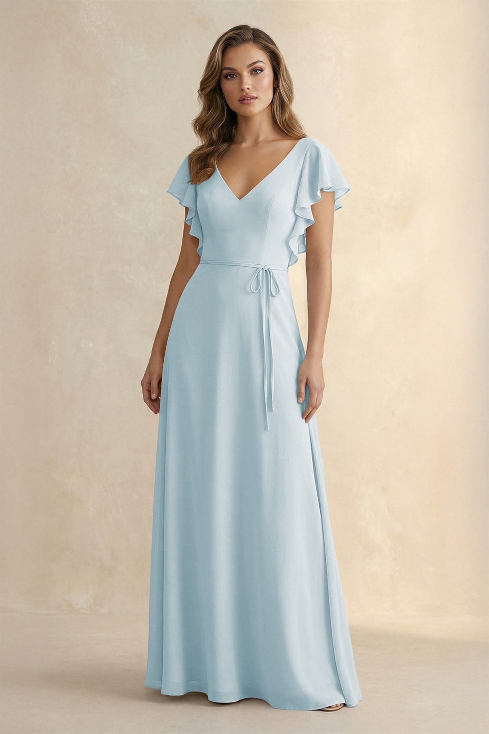 Ruffled V-Neck Chiffon A-Line Bridesmaid Dress in Sky Blue