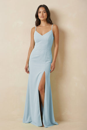 Sky Blue Sheath Cami Strap Chiffon Bridesmaid Dress with Slit | KISSBRIDAL