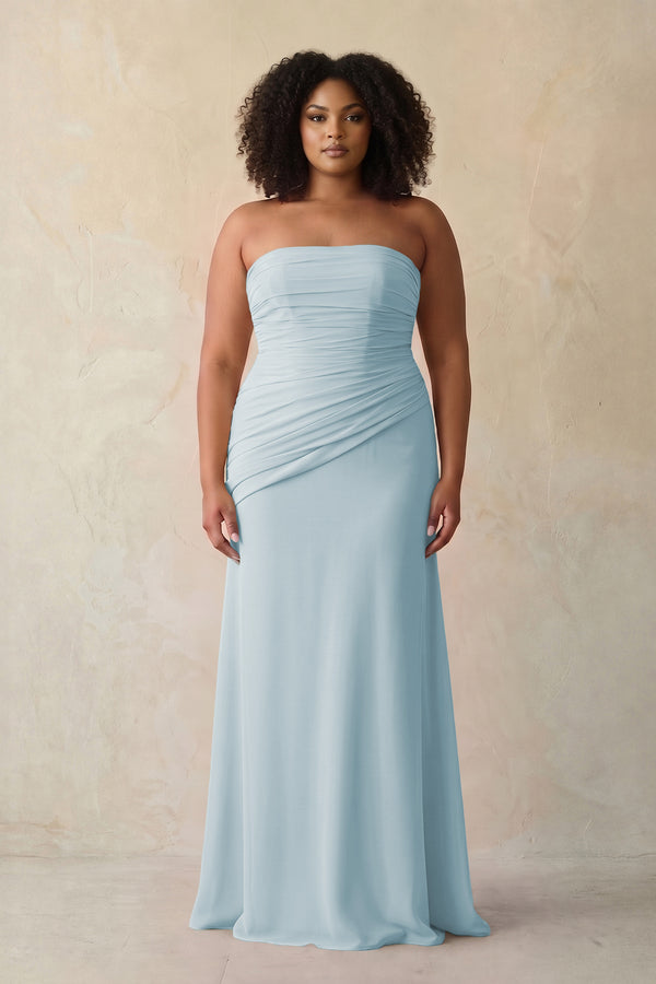 Sky Blue Sheath Chiffon Strapless Pleated Bridesmaid Dress (3) [sizeplus] | KISSBRIDAL