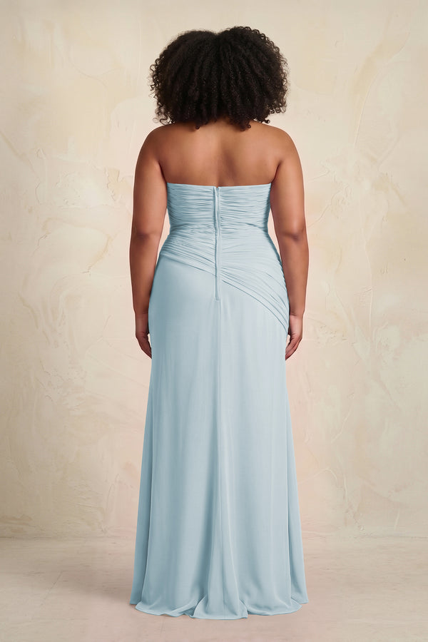 Sky Blue Sheath Chiffon Strapless Pleated Bridesmaid Dress (4) [sizeplus] | KISSBRIDAL