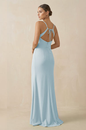 Sky Blue Sheath Spaghetti Straps Chiffon Long Bridesmaid Dress (2) | KISSBRIDAL