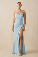 Sky Blue Sheath Spaghetti Straps Chiffon Long Bridesmaid Dress | KISSBRIDAL