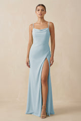 Sky Blue Sheath Spaghetti Straps Chiffon Long Bridesmaid Dress | KISSBRIDAL