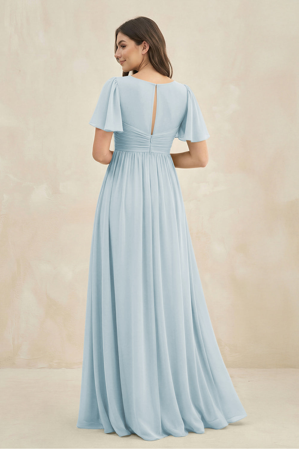 Short Sleeve Chiffon V-Neck A-Line Bridesmaid Dress in Sky Blue
