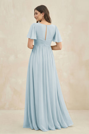 Sky Blue Short Sleeve Chiffon V-Neck A-Line Bridesmaid Dress (2) | KISSBRIDAL