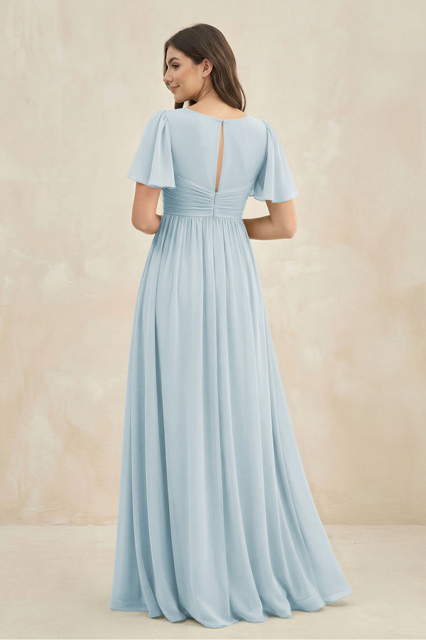 Sky Blue Short Sleeve Chiffon V-Neck A-Line Bridesmaid Dress (2) | KISSBRIDAL